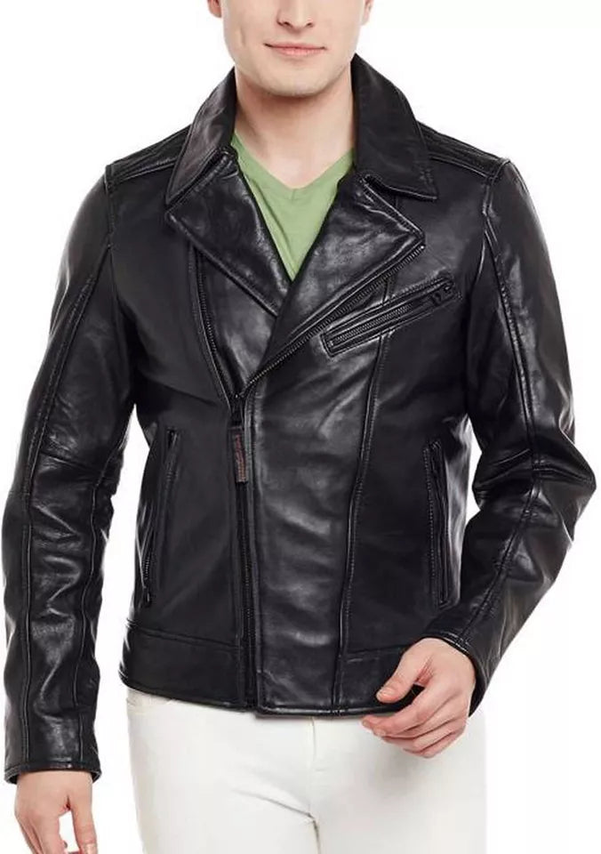 Lush Gear natural leather biker jacket in black with zippered pockets and classic collar design