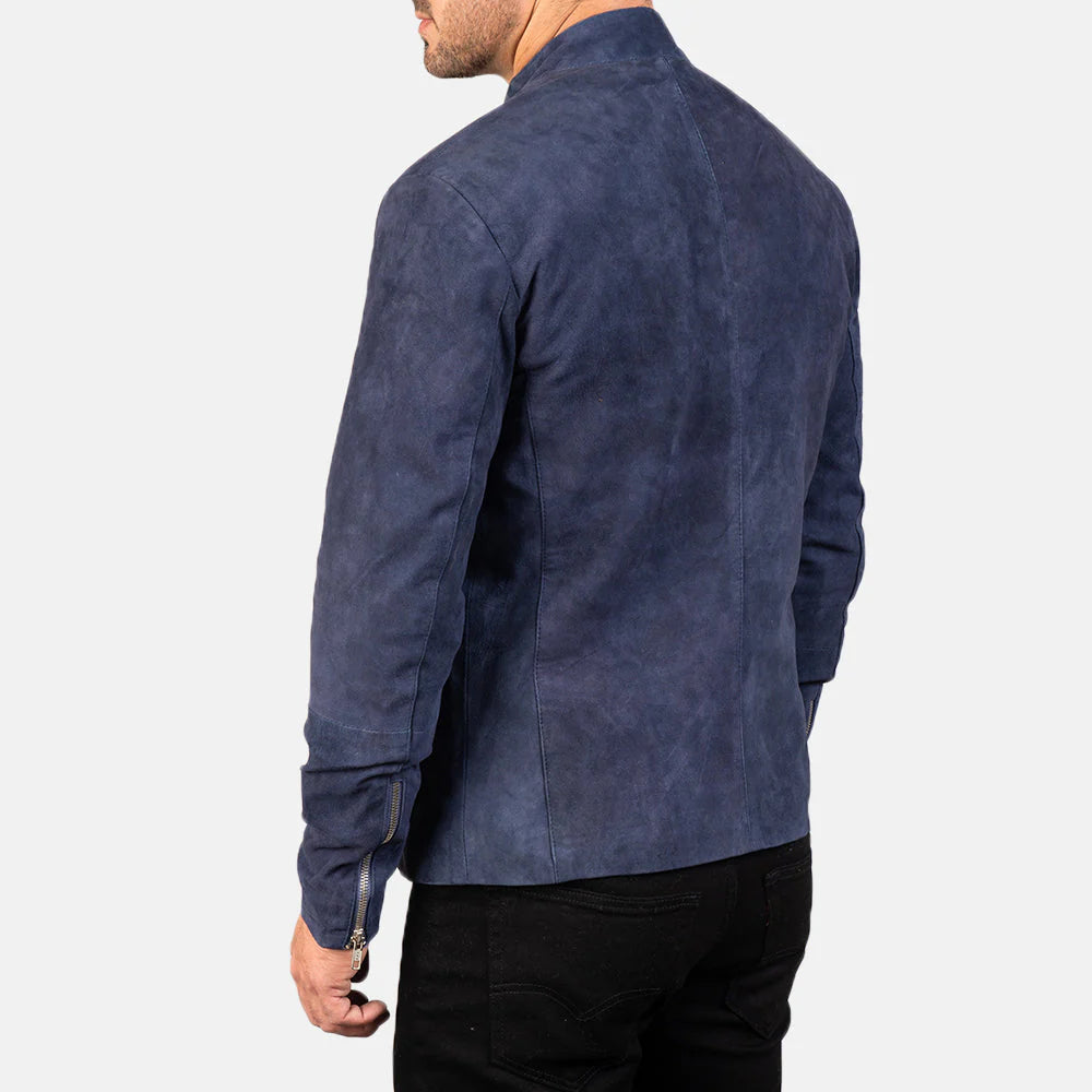 Lush Gear navy blue suede biker jacket shown from the back with zippered cuffs on the sleeves