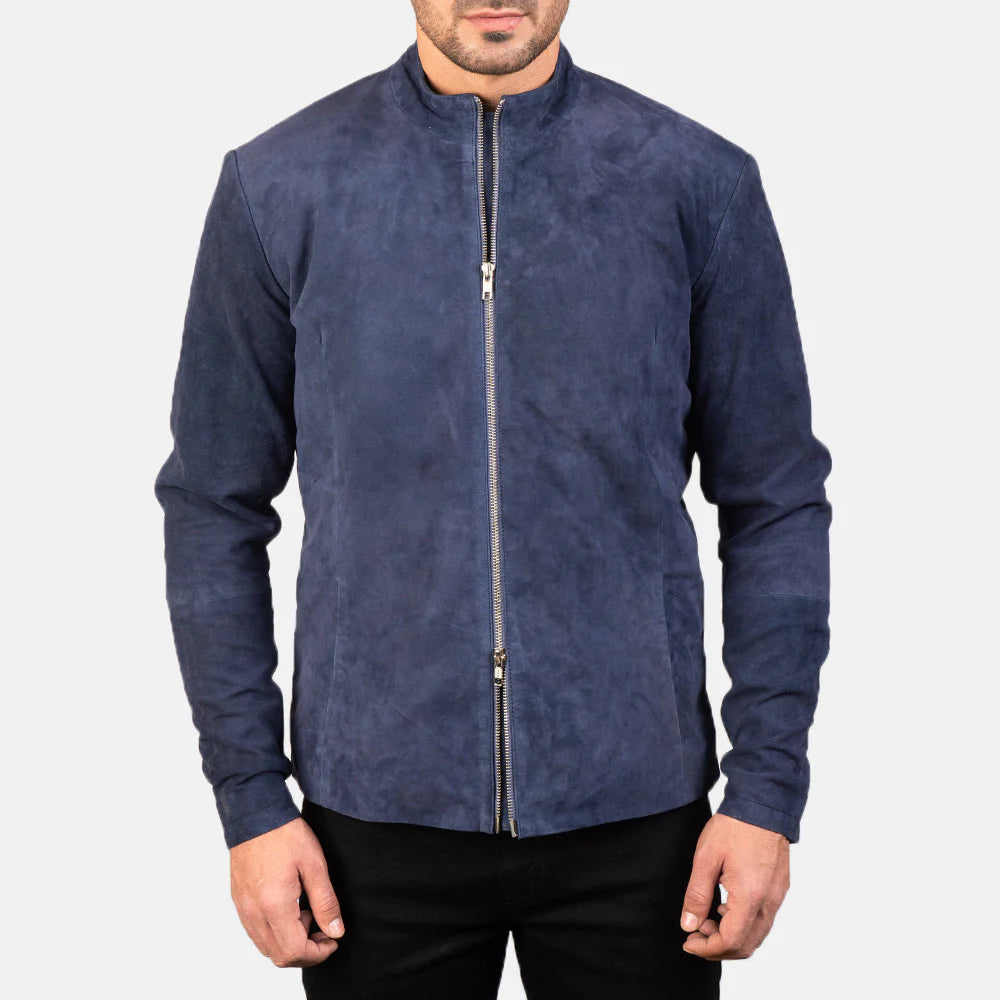Lush Gear navy blue suede biker jacket with front zipper and sleek mandarin collar