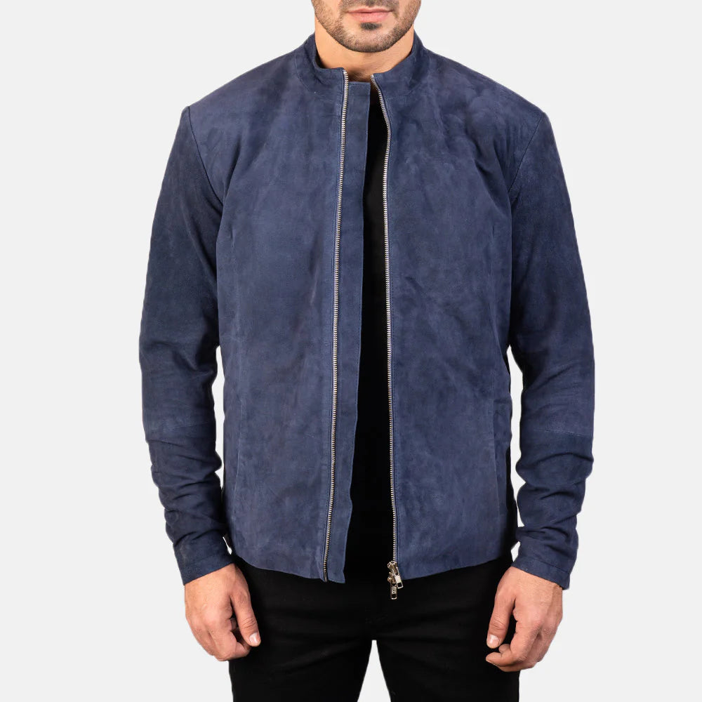 Men's navy blue suede biker jacket by Lush Wear with front zipper and sleek design