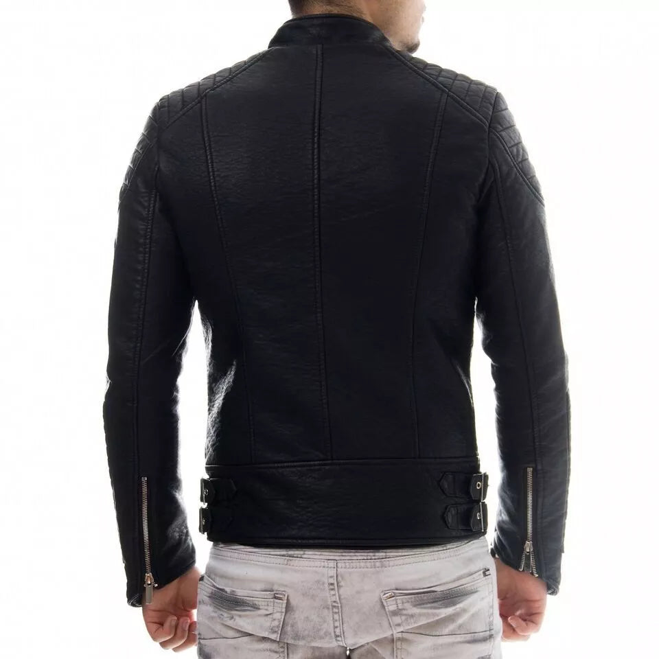 New Mens Black Genuine Soft Lambskin Leather Motorcycle Jacket Coat Zipper Biker back view with adjustable buckles