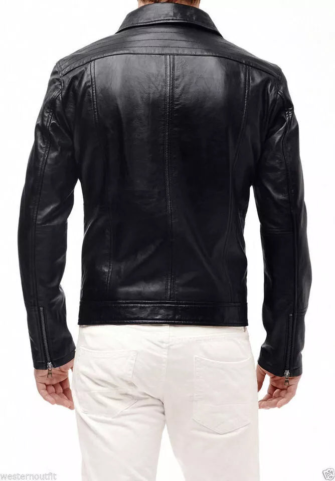 New Men's leather motorcycle jacket Slim fit leather jacket Coat in black worn from back by model