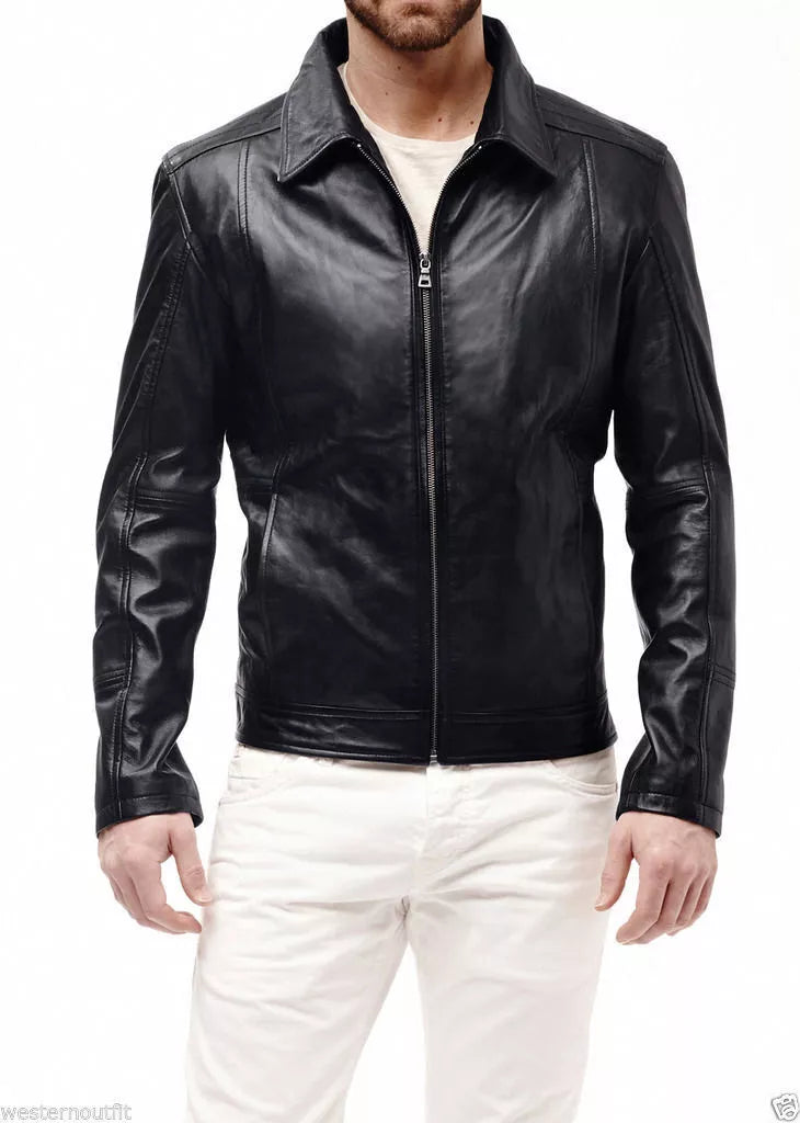 New Men's leather motorcycle jacket Slim fit leather jacket Coat black zip front design