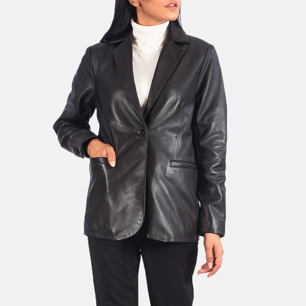 Black Norma Brown Leather Blazer by Lush Gear modeled with white turtleneck and black pants
