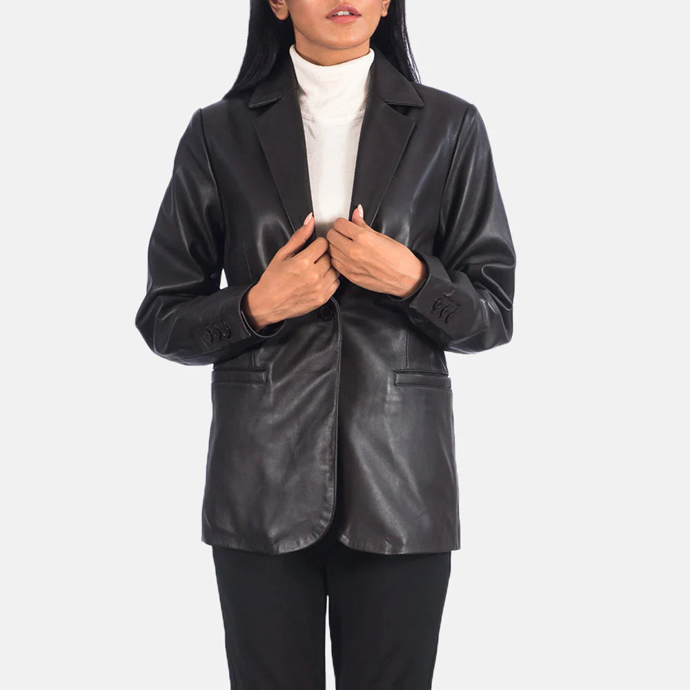 Woman wearing Norma Brown Leather Blazer in black with a classic fit over white turtleneck