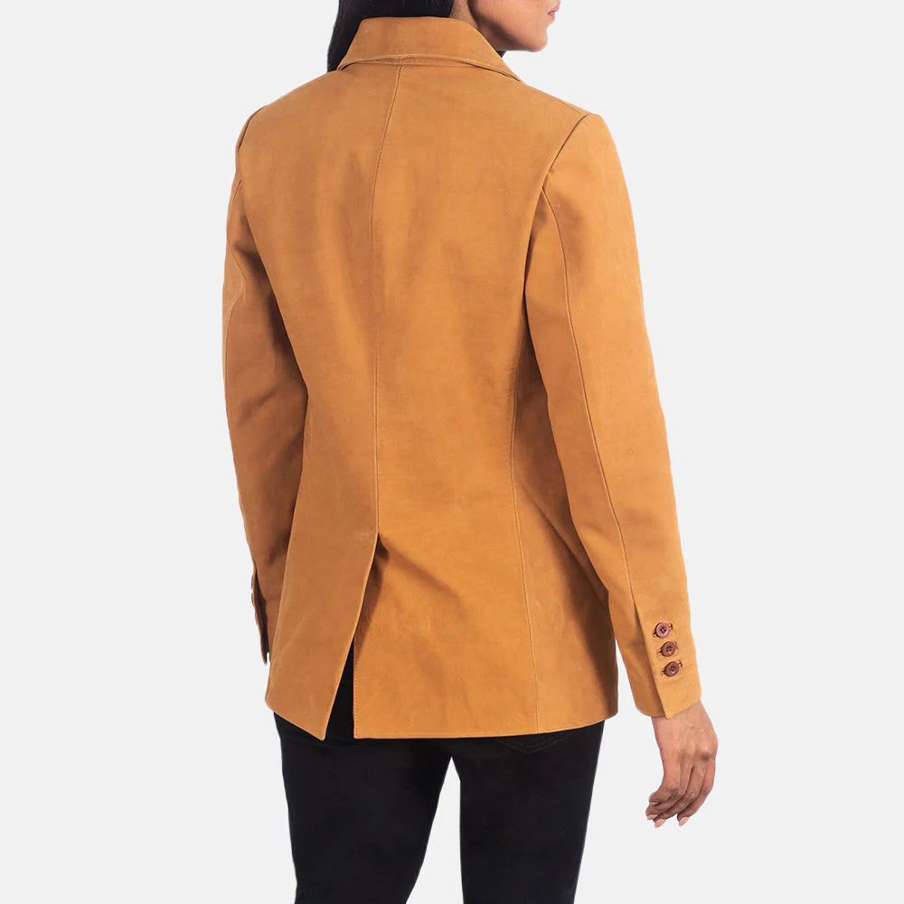 Back view of Norma Brown Nubuck Blazer by Lush Gear in tan color worn by a model