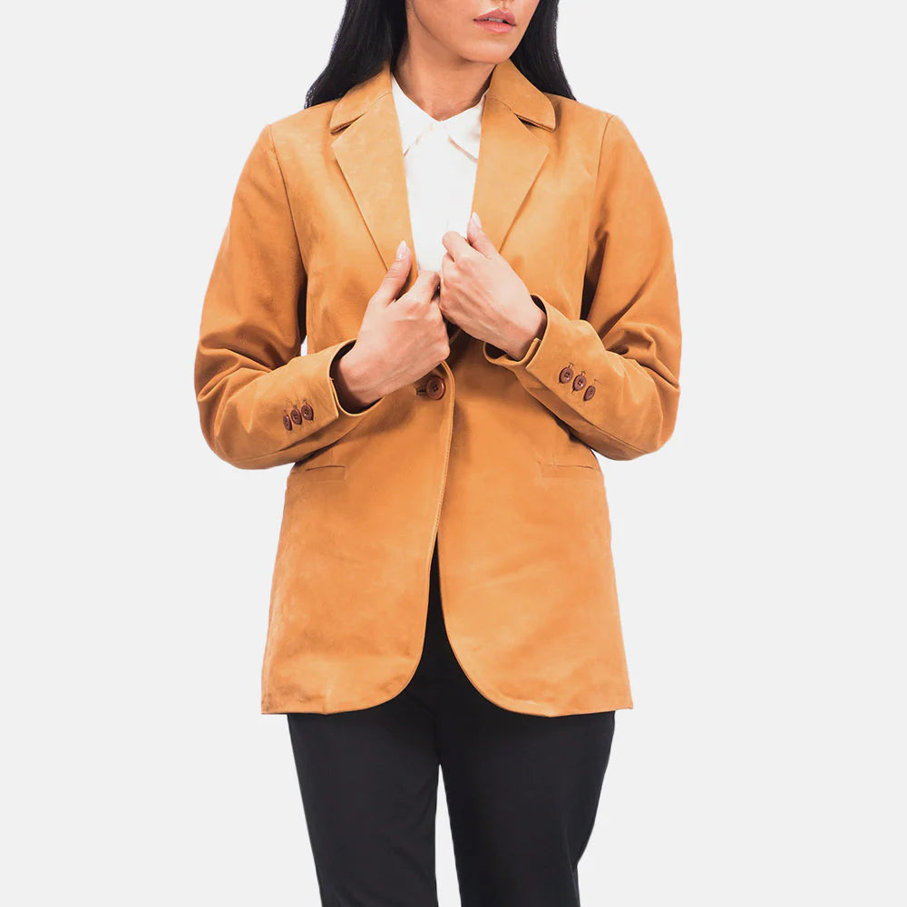 Norma Brown Nubuck Blazer by Lush Gear styled with a white shirt and black pants
