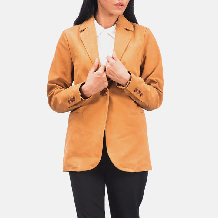 Norma Brown Nubuck Blazer by Lush Gear styled with a white shirt and black pants