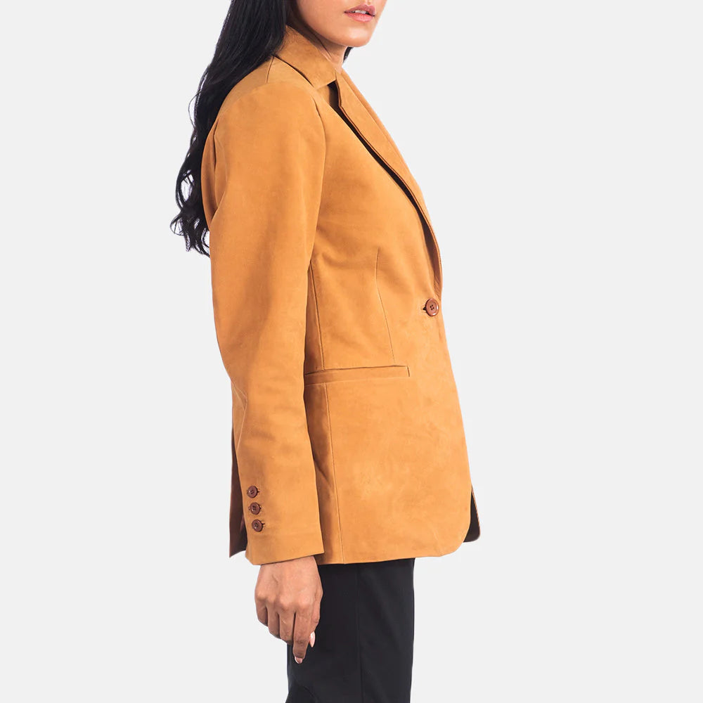 Side view of woman wearing Norma Brown Nubuck Blazer with button detailing on sleeve