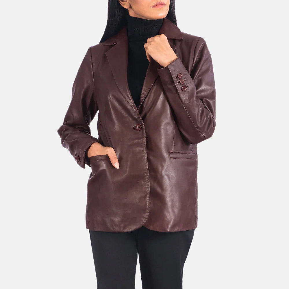 Norma Maroon Leather Blazer by Lush Gear worn by a woman with black turtleneck and pants