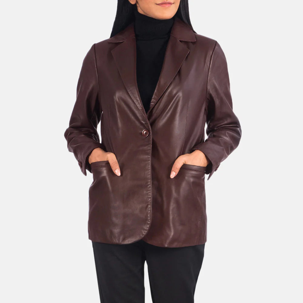Norma Maroon Leather Blazer from Lush Gear worn by woman with hands in pockets over black turtleneck