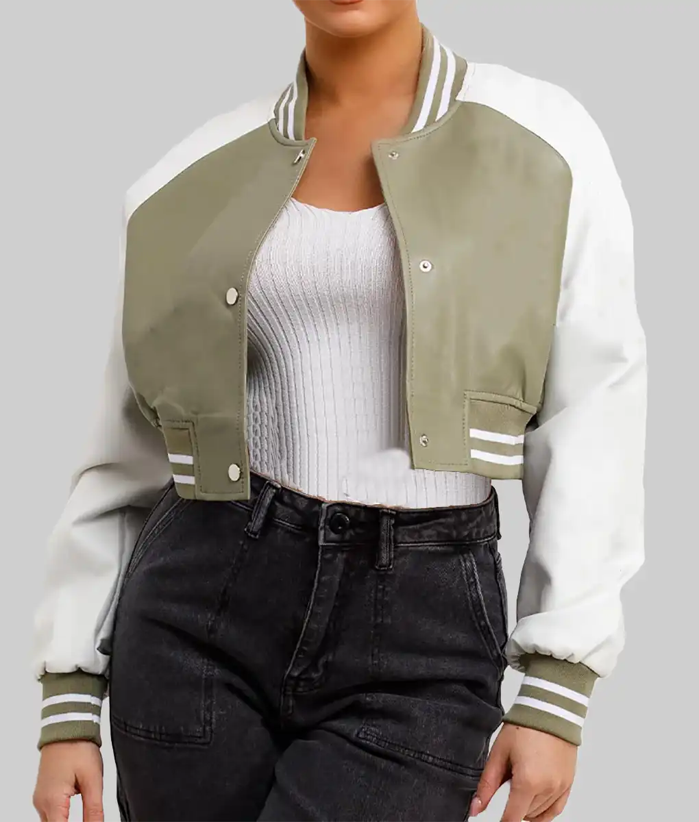 Lush Gear olive white varsity bomber jacket with striped cuffs and cropped fit on model