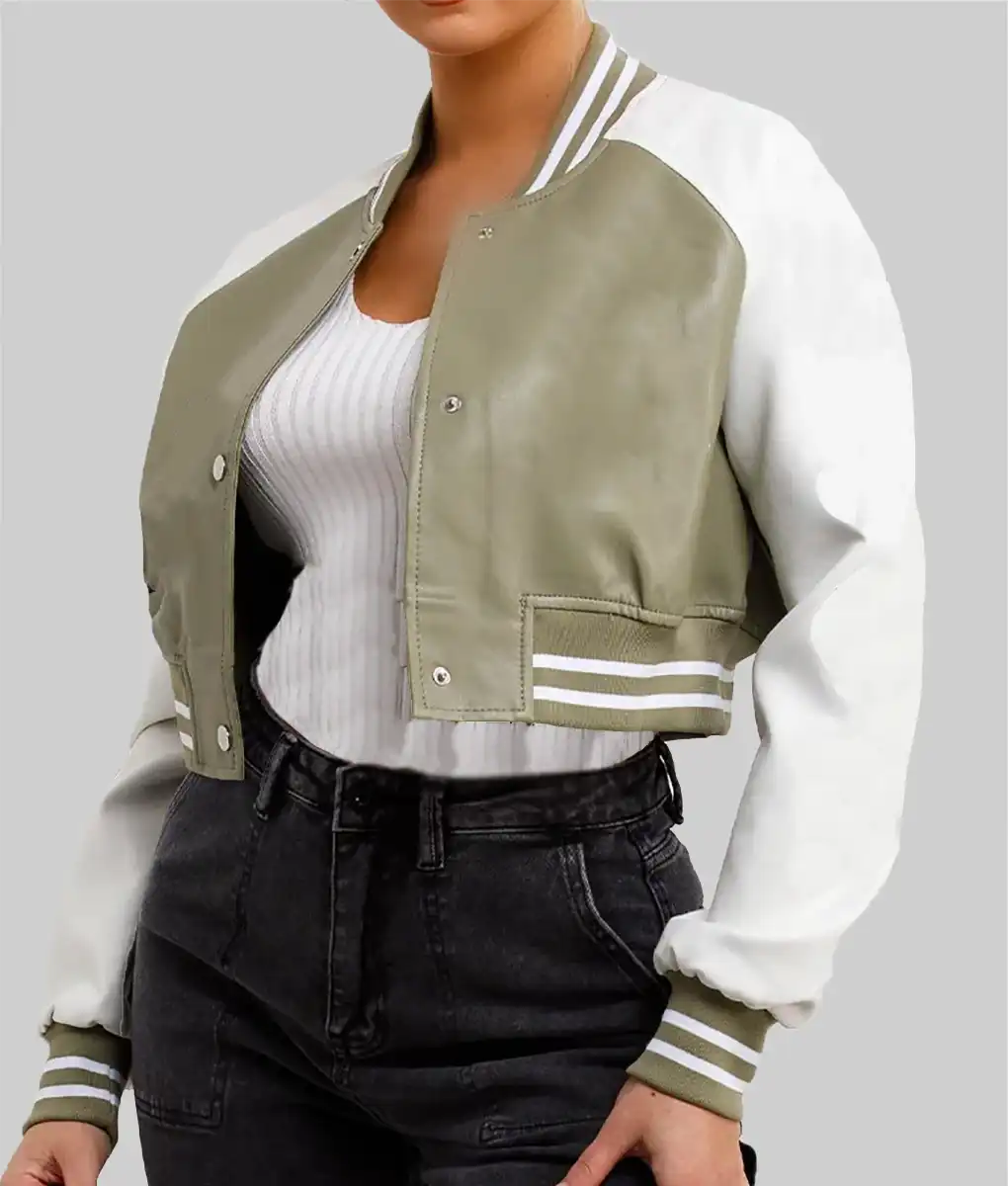 Lush Gear olive white varsity bomber jacket with cropped fit and striped cuffs worn over white ribbed top