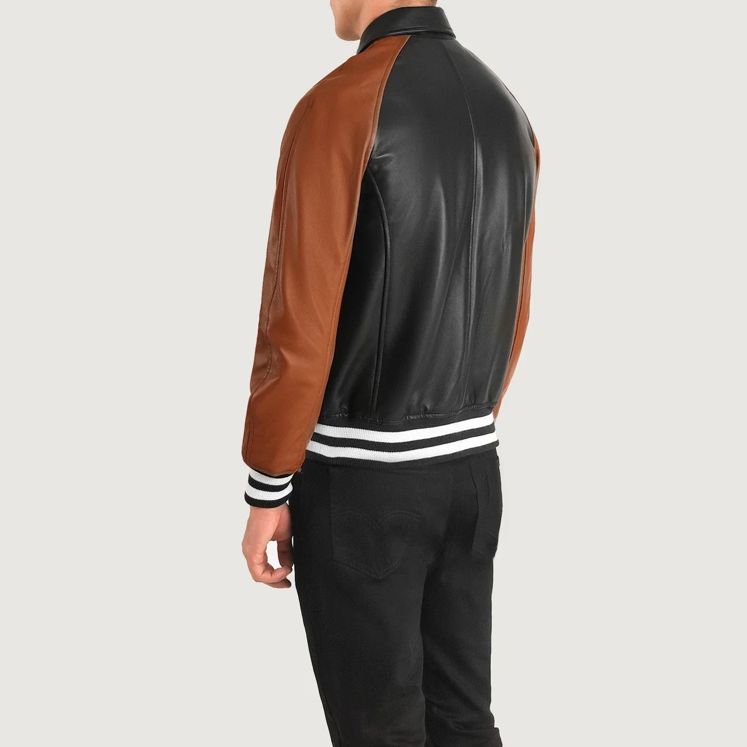 Lush Gear premium leather letterman jacket with black body and brown sleeves shown from the back