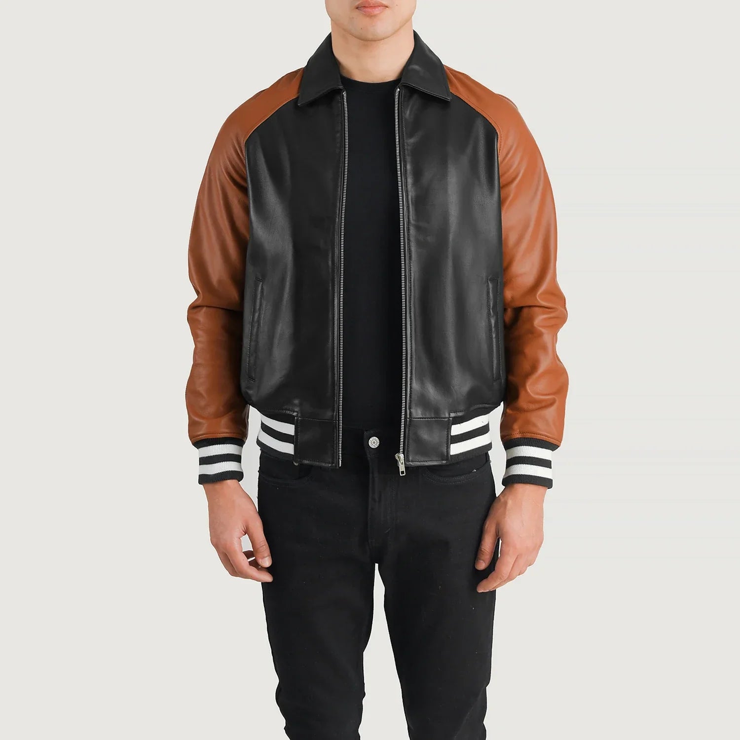 Lush Gear premium leather letterman jacket with black body and brown sleeves on male model