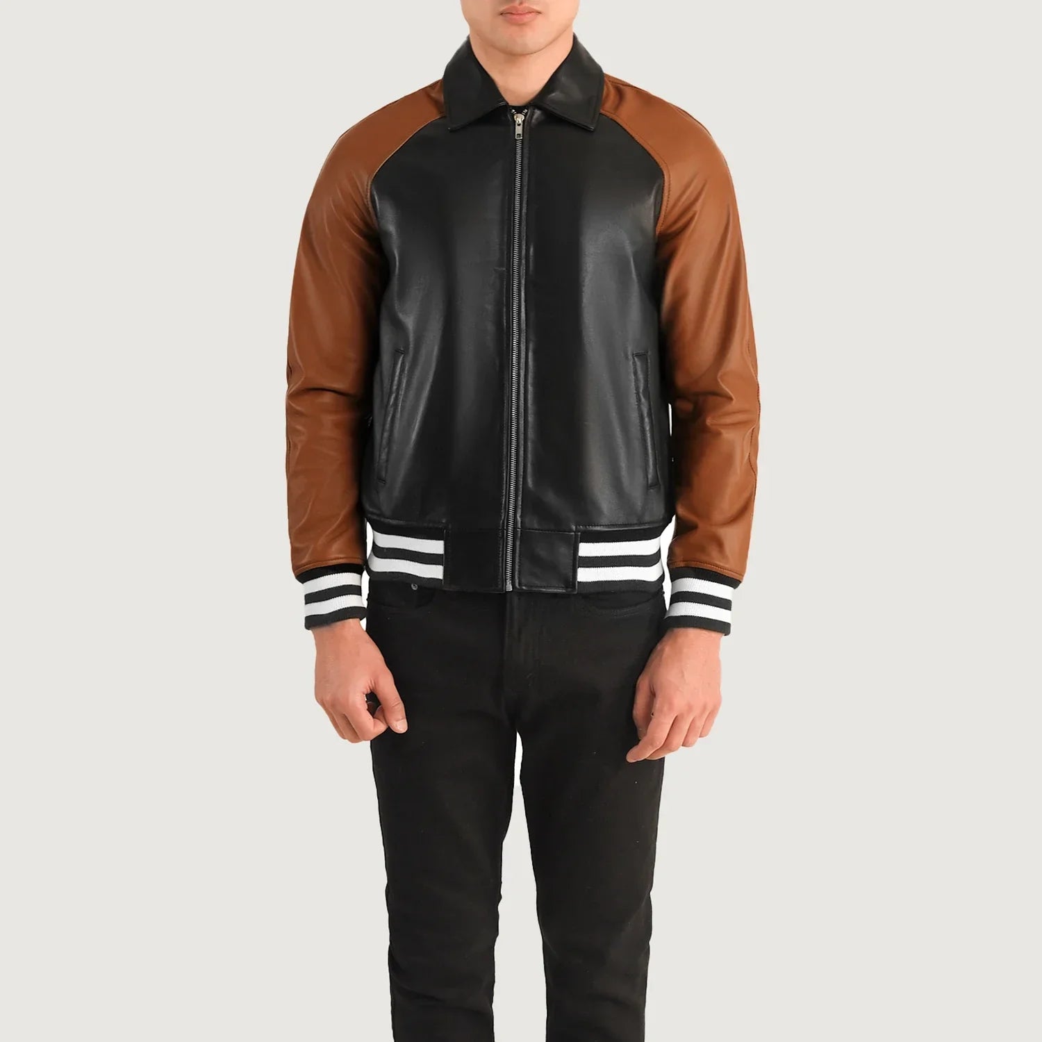 Lush Gear premium quality leather letterman jacket with black body and brown sleeves on male model
