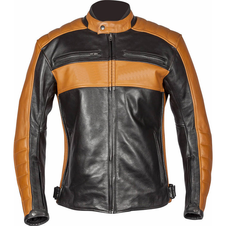 Lush Gear black and brown premium leather motorcycle gear jacket with zippered pockets and stand collar