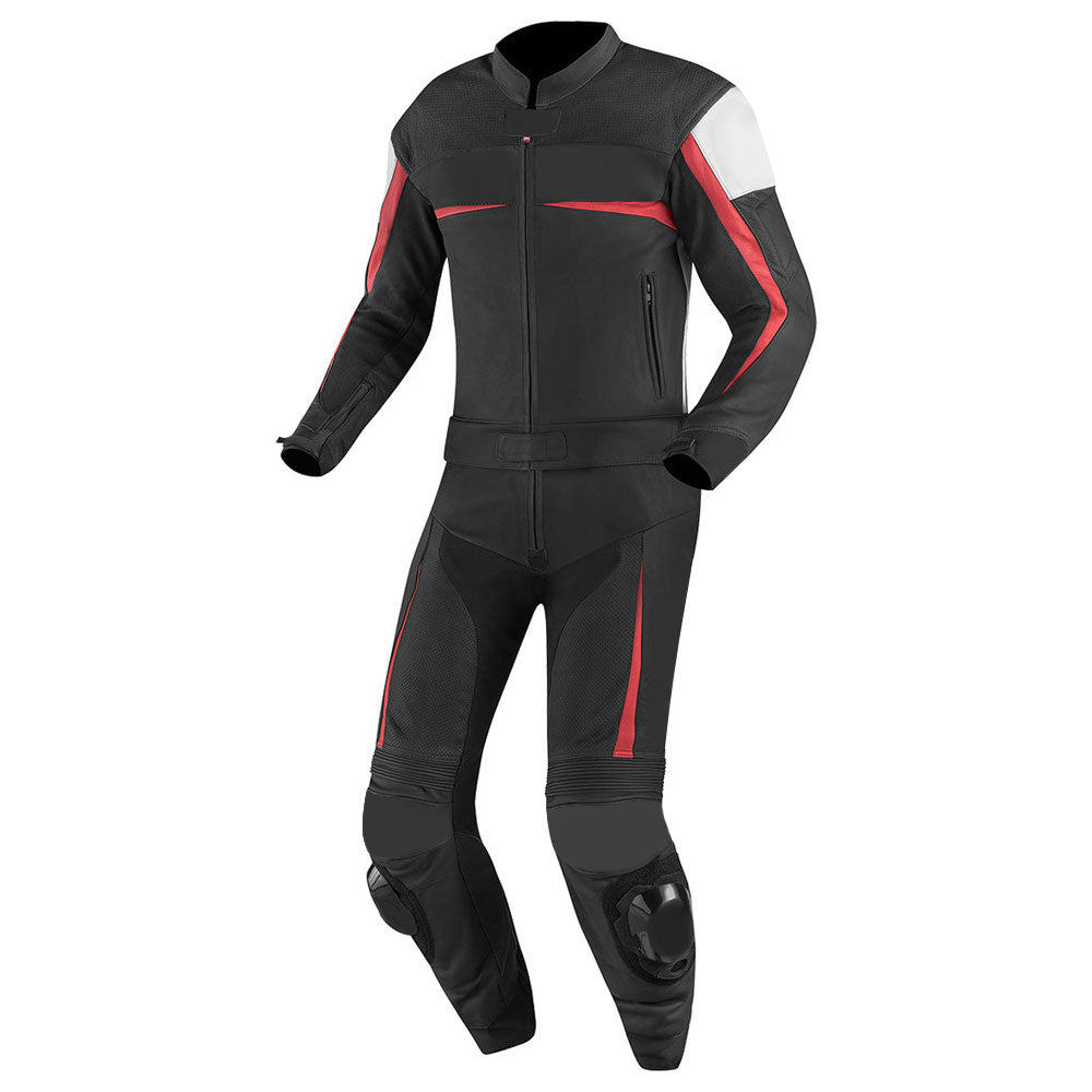 Lush Gear black and red premium leather motorcycle gear suit with protective knee pads and white shoulder accents
