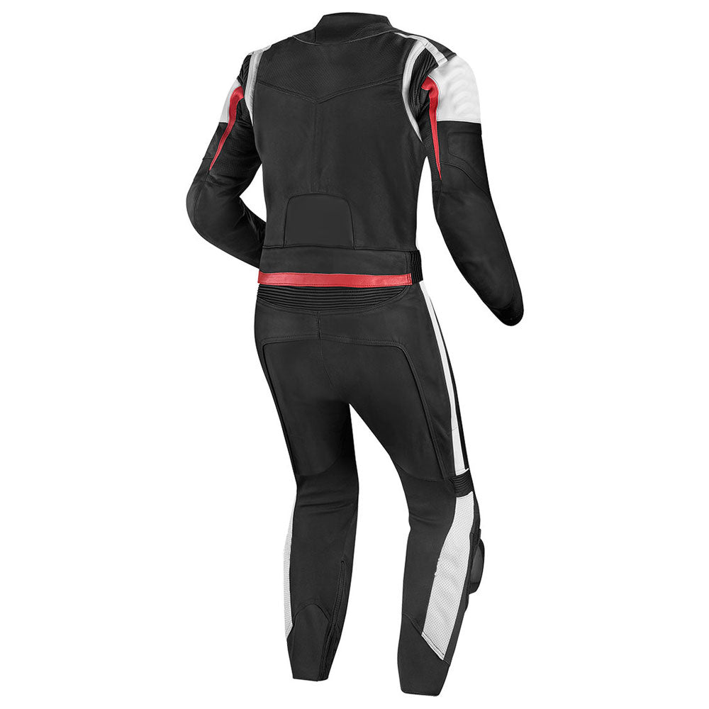 Lush Gear black and white premium leather motorcycle gear with red accents shown from the back