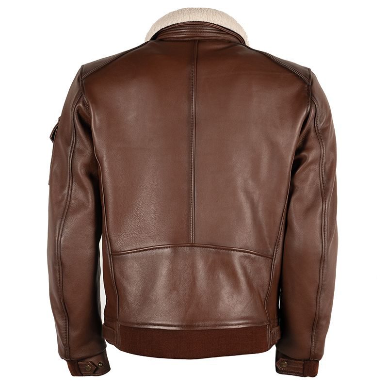 Lush Gear brown premium leather motorcycle jacket for men with shearling collar shown from back