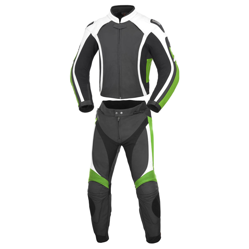 Lush Gear premium motorbike suit with armor in black white and green for rider protection