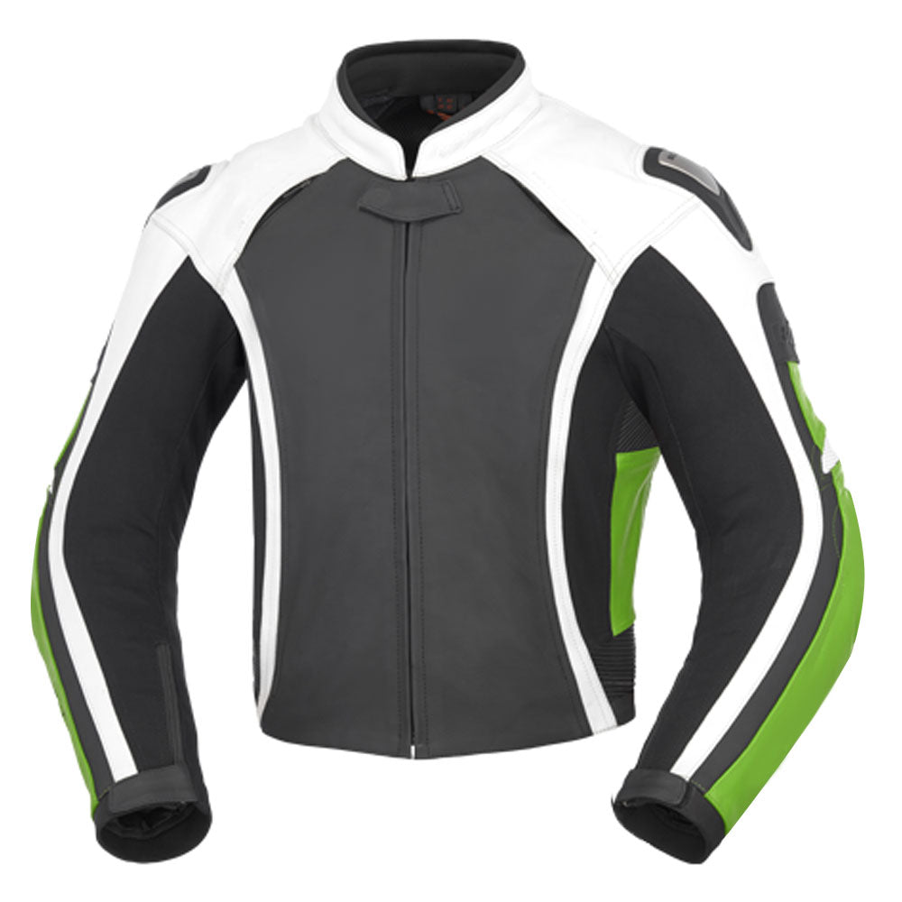 Lush Gear premium motorbike suit with armor in black white and green protective riding jacket