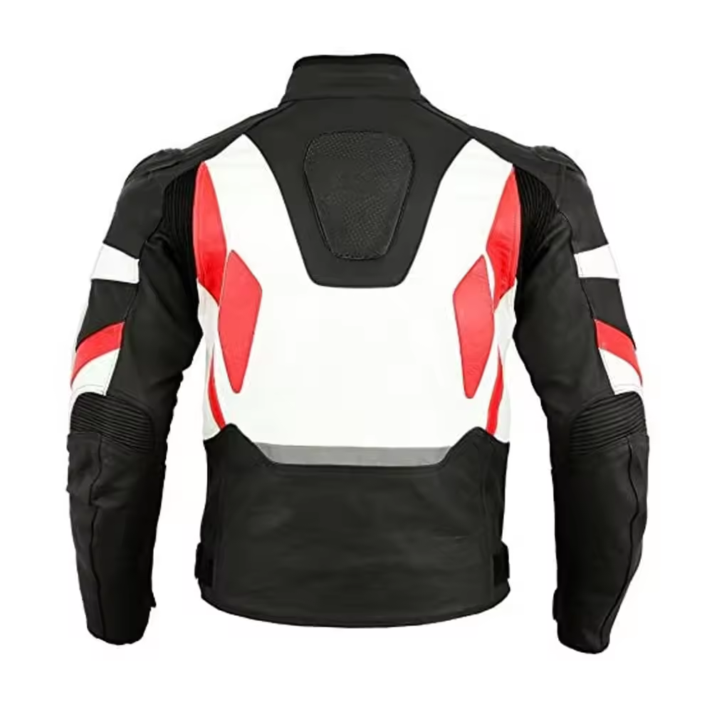 Lush Gear protective biker leather jacket in black with white and red panels for enhanced safety