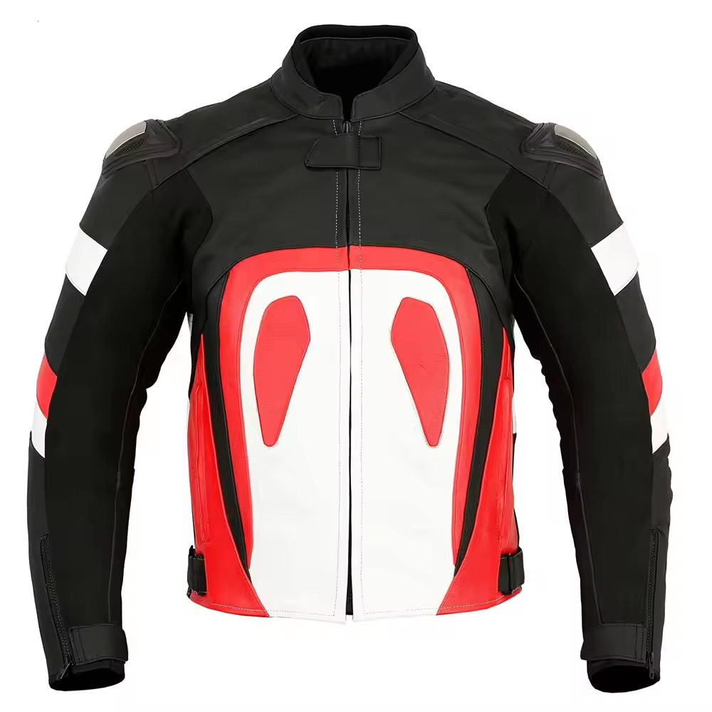 Lush Gear protective biker leather jacket in black red and white with shoulder padding and zip front