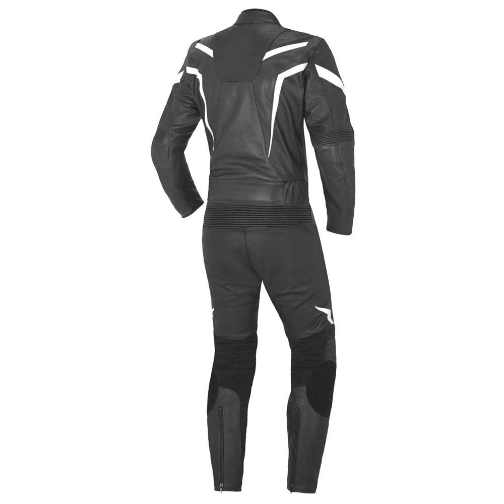 Black and white racing leather motorcycle suit from Lush Gear shown from the back