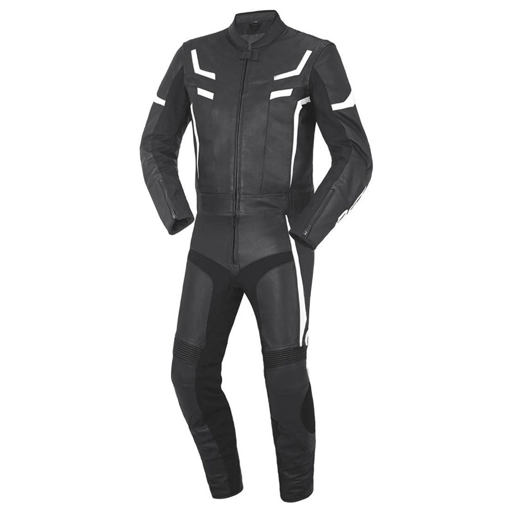 Lush Gear black and white racing leather motorcycle suit with protective padding and sleek design