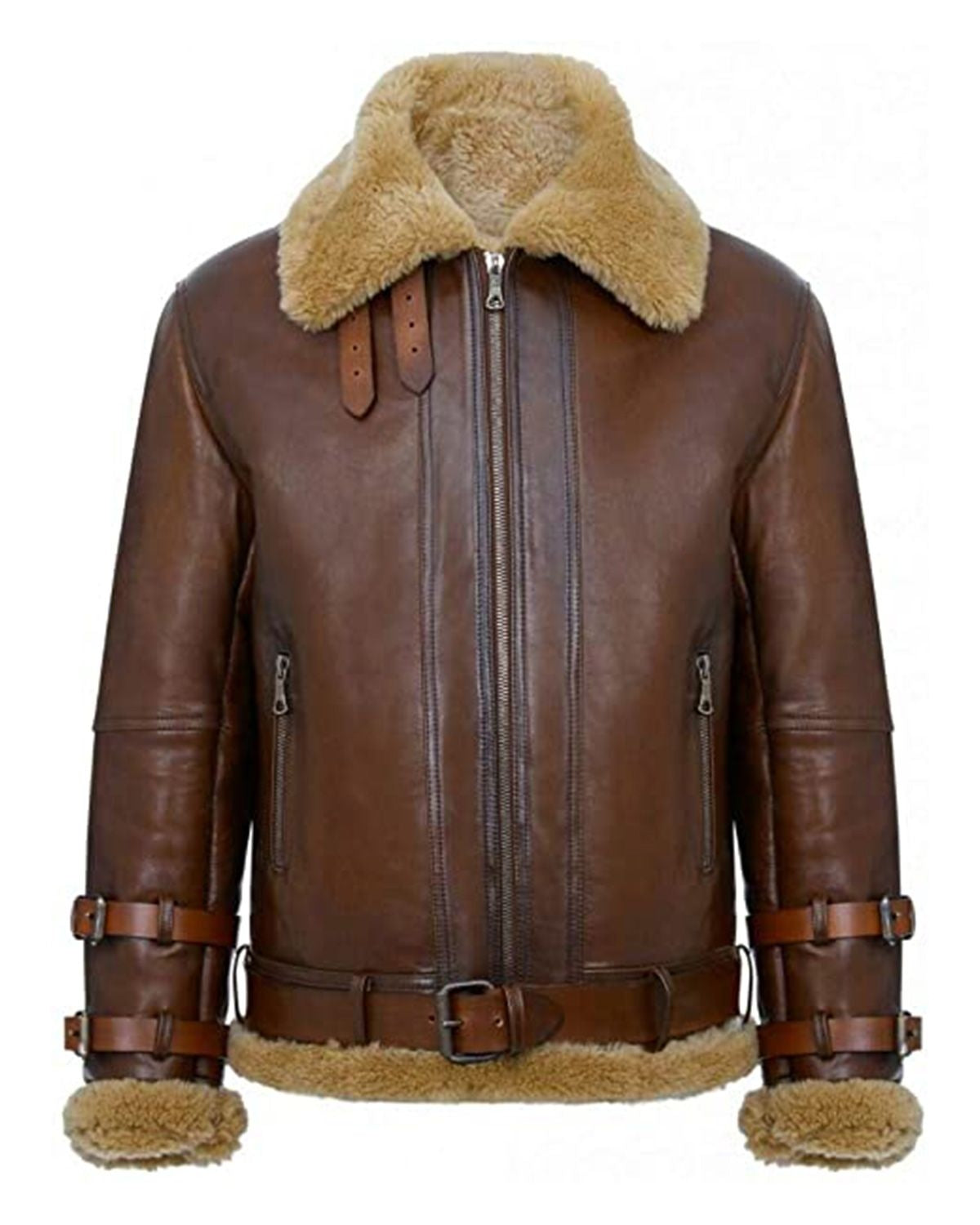 Lush Gear RAF B3 aviator jacket in brown leather with shearling collar and adjustable straps