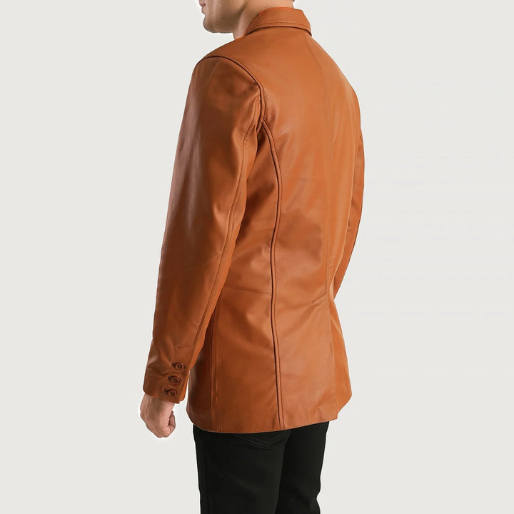 Back view of a man wearing Ray Cutler Tan Brown Leather Blazer by Lush Gear with tailored fit and buttoned cuffs