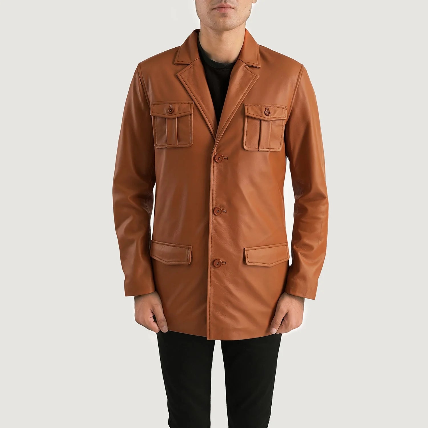 Ray Cutler Tan Brown Leather Blazer by Lush Gear with button closure and multiple pockets