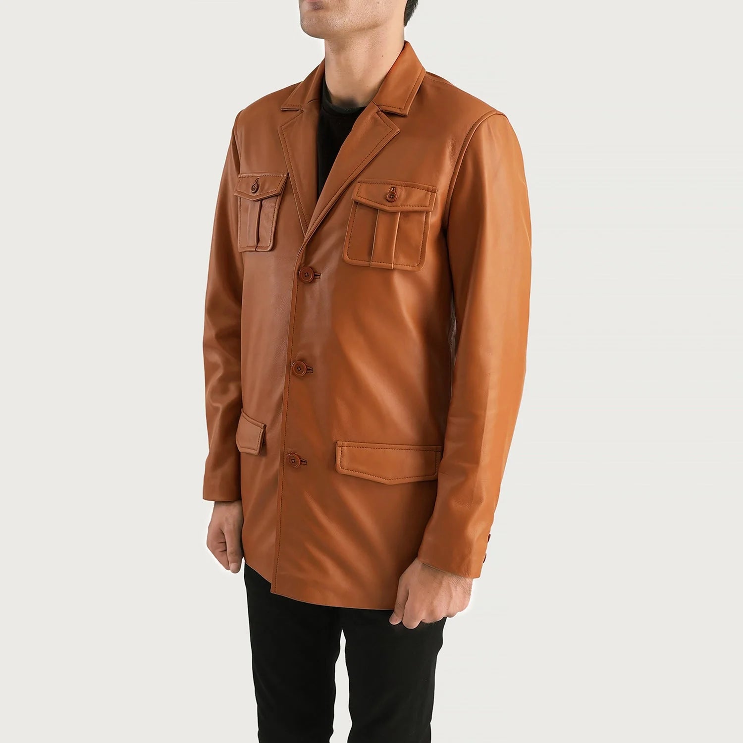Ray Cutler Tan Brown Leather Blazer by Lush Gear worn by a male model with front flap pockets and button closure