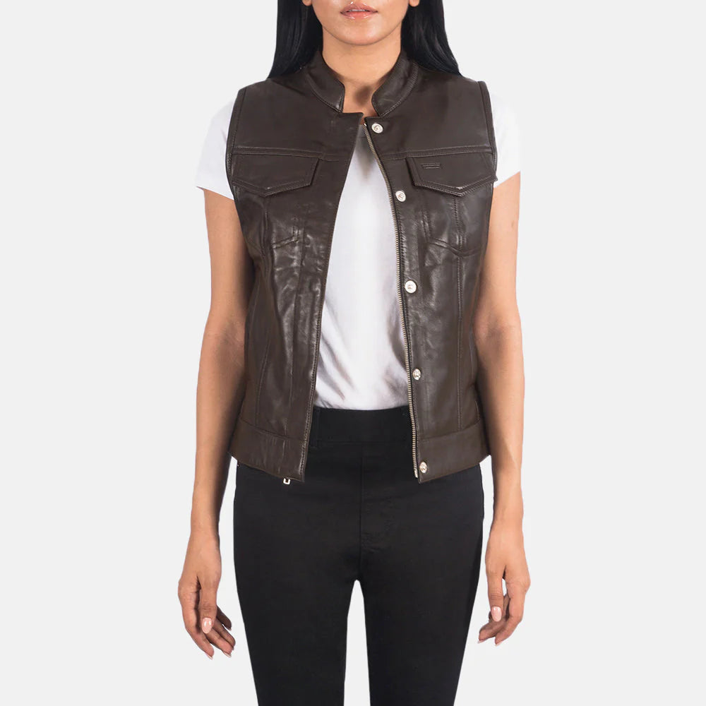 Rayne Moto Brown Leather Vest by Lush Gear styled over white t-shirt on a female model
