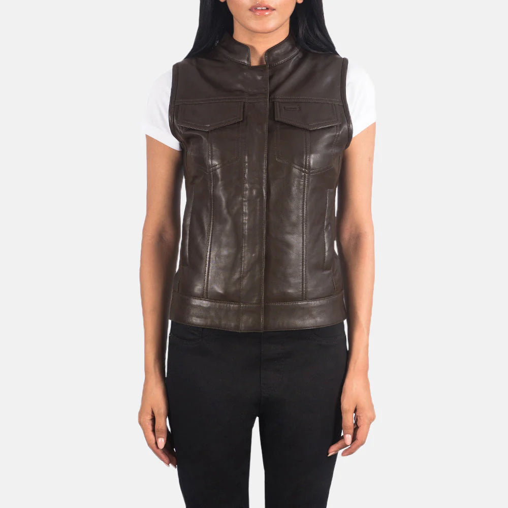Rayne Moto Brown Leather Vest by Lush Wear on model wearing white shirt and black pants