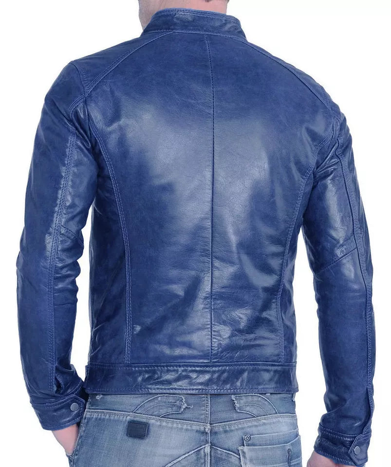 Back view of blue Real Lambskin Leather Cafe Racer Zip Up Moto Jacket by Lush Wear on male model