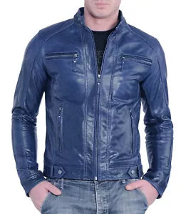 Lush Wear Real Lambskin Leather Cafe Racer Zip Up Moto Jackets in navy blue with zippered pockets