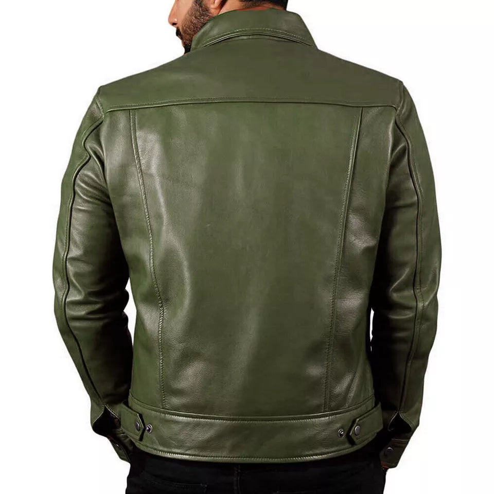 Lush Gear real leather retro motorcycle jacket for men in olive green shown from back