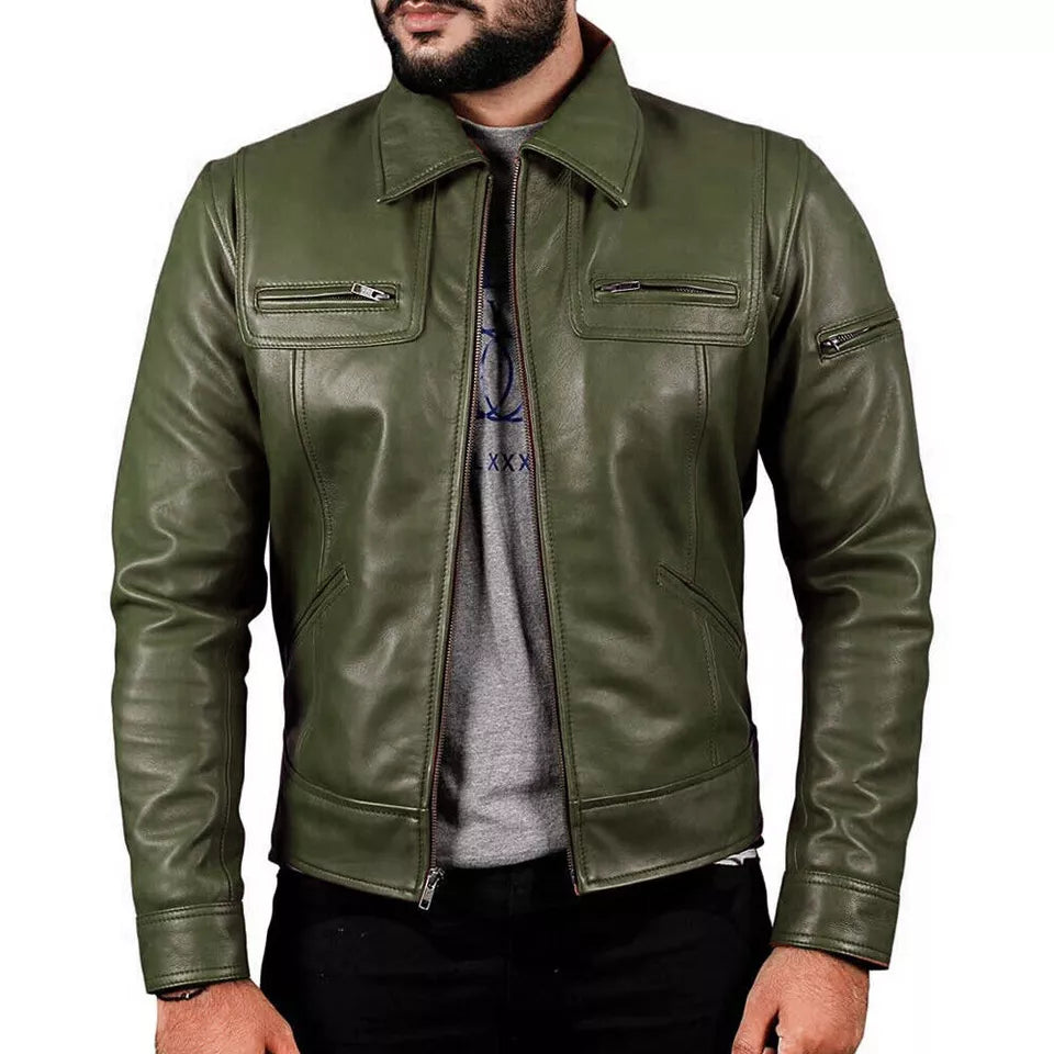 Lush Gear real leather retro motorcycle jacket for men in olive green with zippered pockets