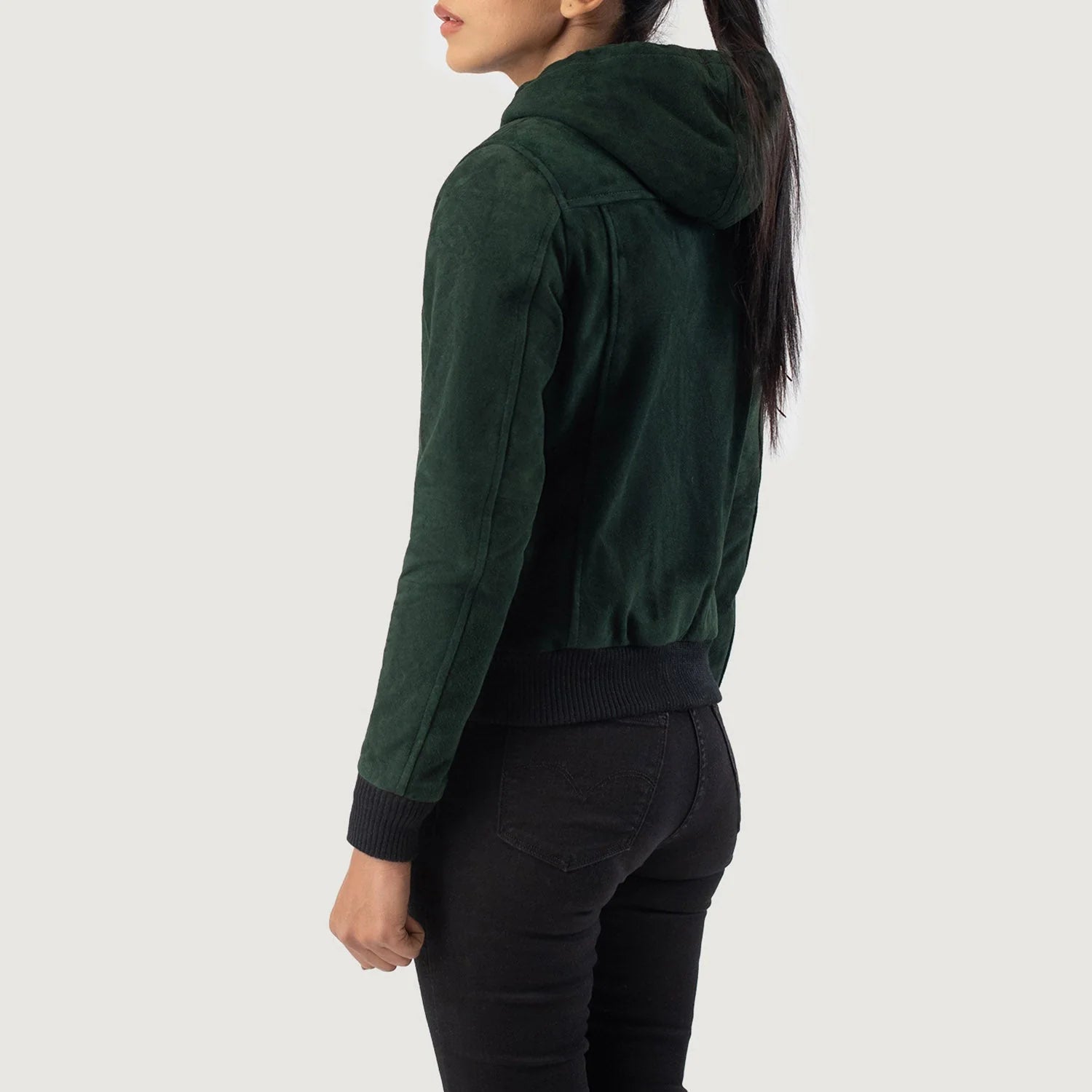 Rebella Green Hooded Suede Bomber Jacket by Lush Gear shown from back on model wearing black pants