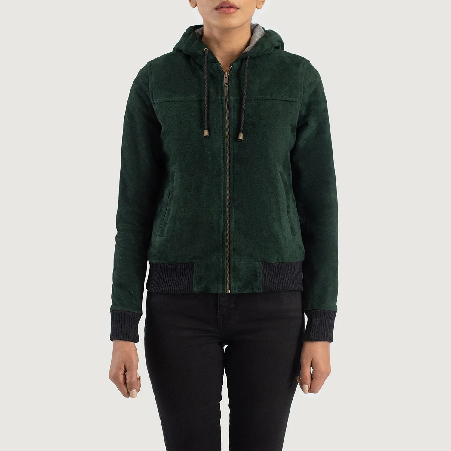 Rebella Green Hooded Suede Bomber Jacket by Lush Gear with front zipper and ribbed cuffs