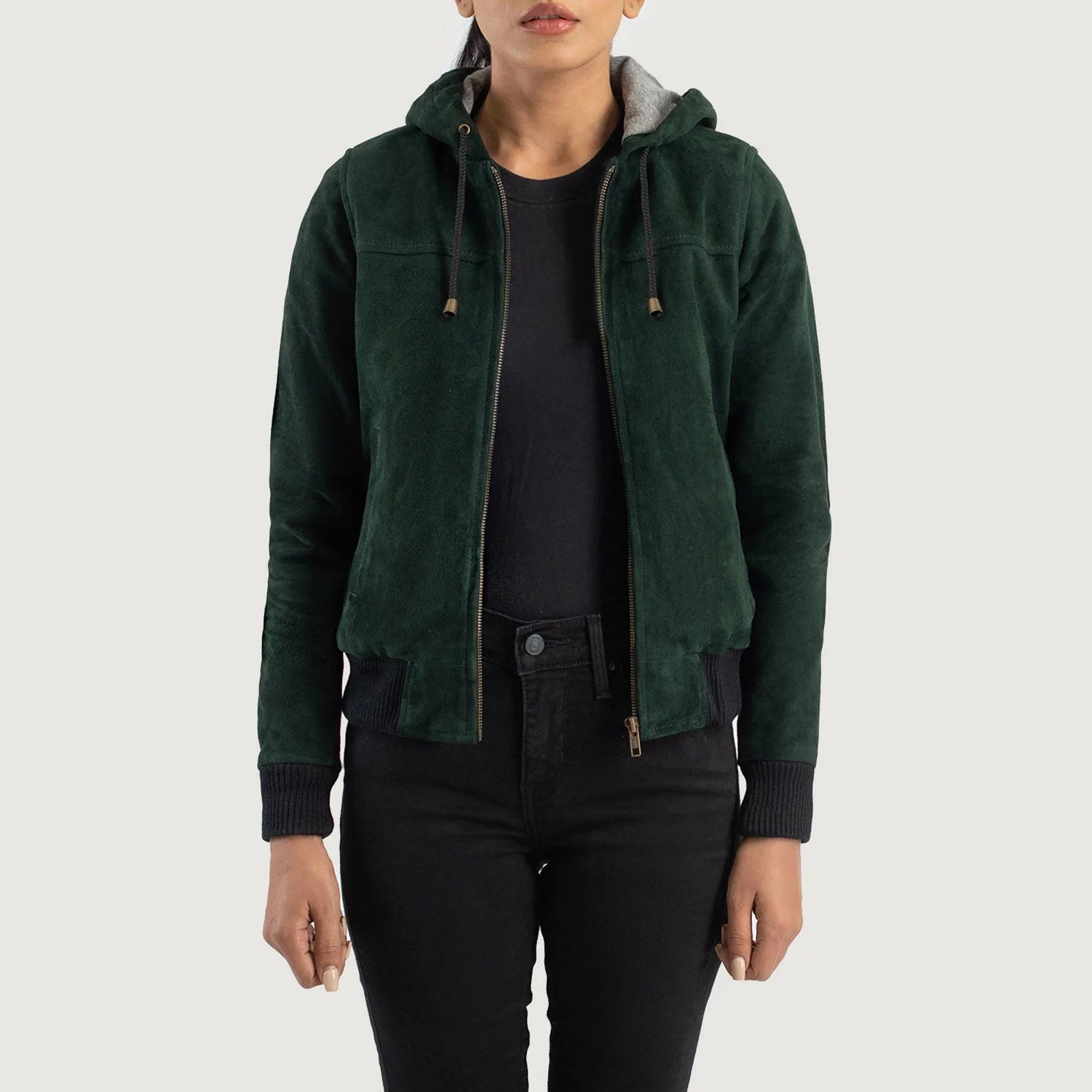 Lush Gear Rebella Green Hooded Suede Bomber Jacket with zip front and ribbed cuffs