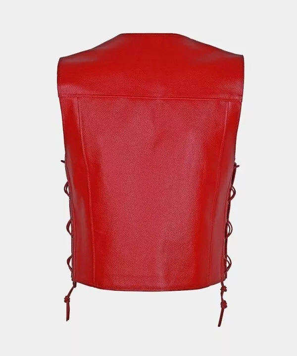 Red cowhide leather motorcycle vest for men with side lace-up design by Lush Wear