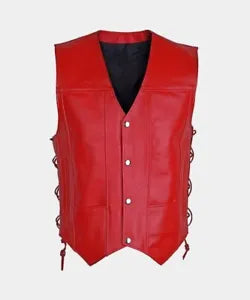Red cowhide leather motorcycle vest for men with front snap buttons and side lacing by Lush Wear