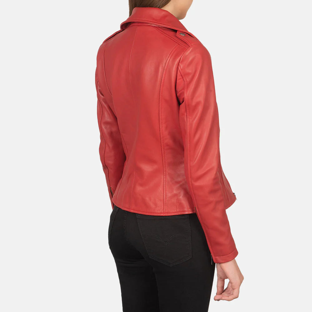 Back view of a red leather biker jacket worn by a woman in black pants from Lush Gear
