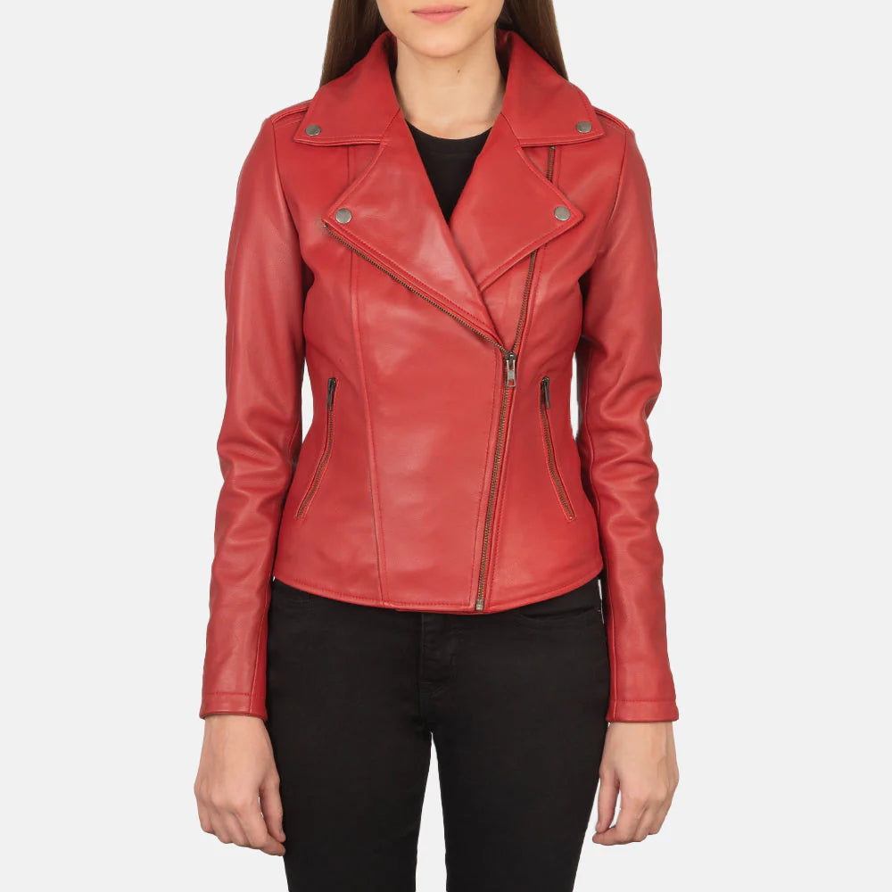 Lush Gear red leather biker jacket with asymmetrical zipper and zippered pockets on model