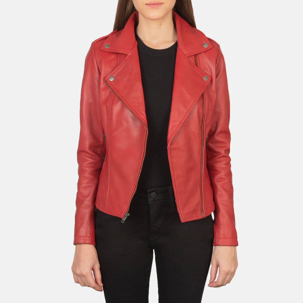 Lush Gear red leather biker jacket with zipper and lapel collar styled on a model