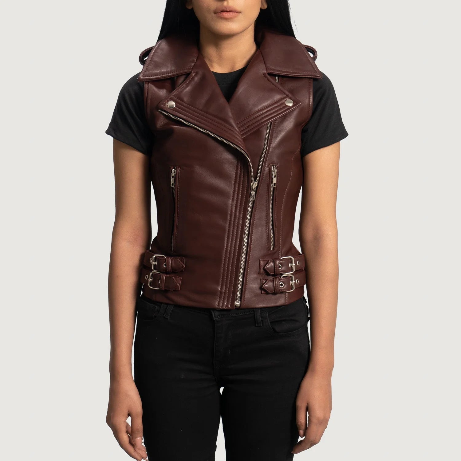 Rhonda Maroon Leather Biker Vest by Lush Gear on model with zippered pockets and buckle details