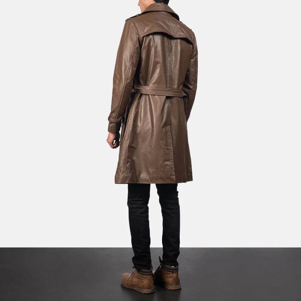 Back view of a man wearing Royson Brown Leather Duster Coat by Lush Gear with belted waist and long sleeves